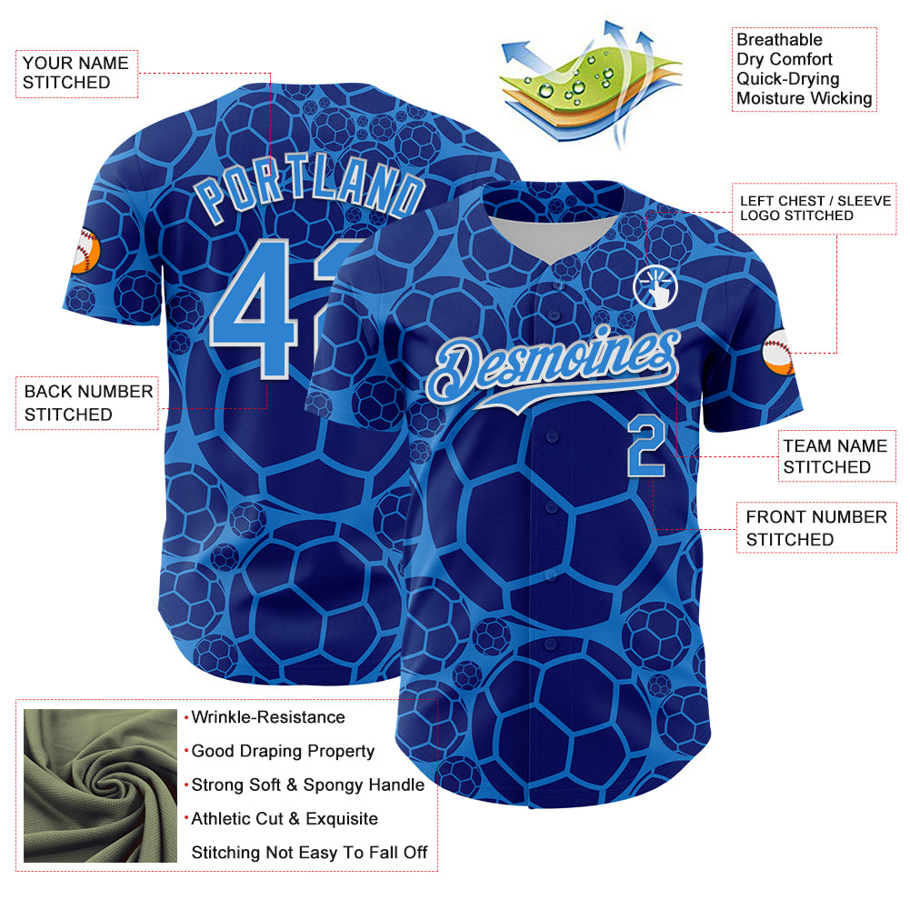 Custom Electric Blue White Comic Doodle Ballgame 3D Pattern Design Authentic Baseball Jersey