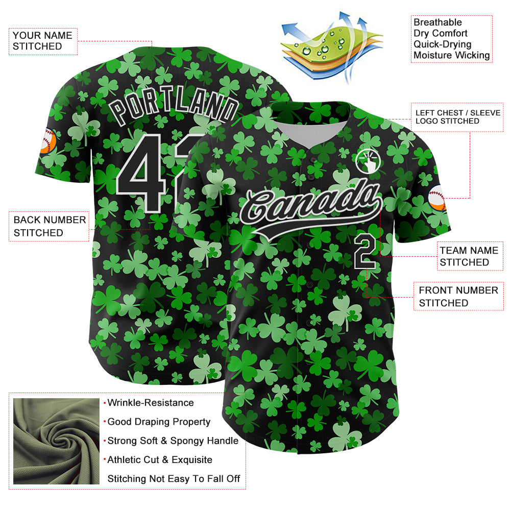 Custom Black White 3D St. Patrick's Day Shamrock Authentic Baseball Jersey