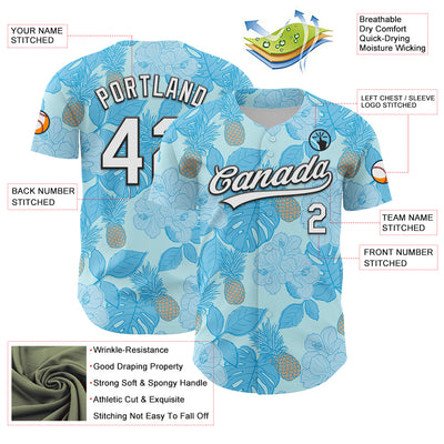 Custom Ice Blue White-Black 3D Hawaii Tropical Palm Leaves And Fruit Pineapple Authentic Baseball Jersey