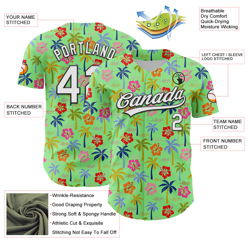 Custom Pea Green White-Black 3D Hawai Tropical Palm Tree And Flower Authentic Baseball Jersey