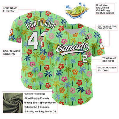 Custom Pea Green White-Black 3D Hawai Tropical Palm Tree And Flower Authentic Baseball Jersey