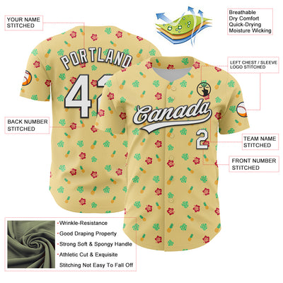 Custom Yellow White-Black 3D Hawaii Tropical Palm Leaves And Fruit Pineapple Authentic Baseball Jersey