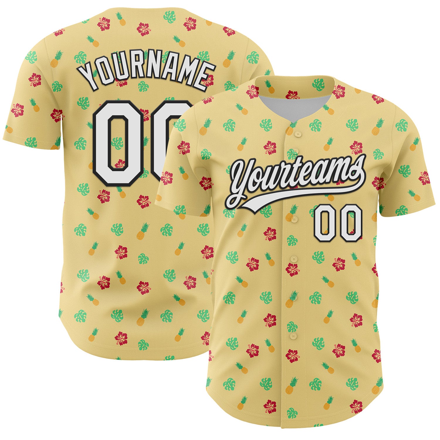 Custom Yellow White-Black 3D Hawaii Tropical Palm Leaves And Fruit Pineapple Authentic Baseball Jersey