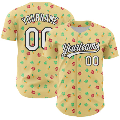 Custom Yellow White-Black 3D Hawaii Tropical Palm Leaves And Fruit Pineapple Authentic Baseball Jersey