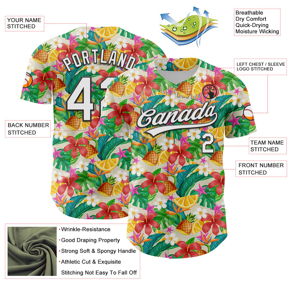 Custom Yellow White-Black 3D Hawaii Tropical Palm Leaves Flower And Fruit Pineapple Authentic Baseball Jersey
