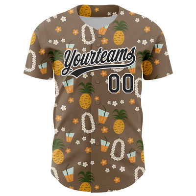 Custom Brown Black-White 3D Hawaii Flower And Fruit Pineapple Authentic Baseball Jersey