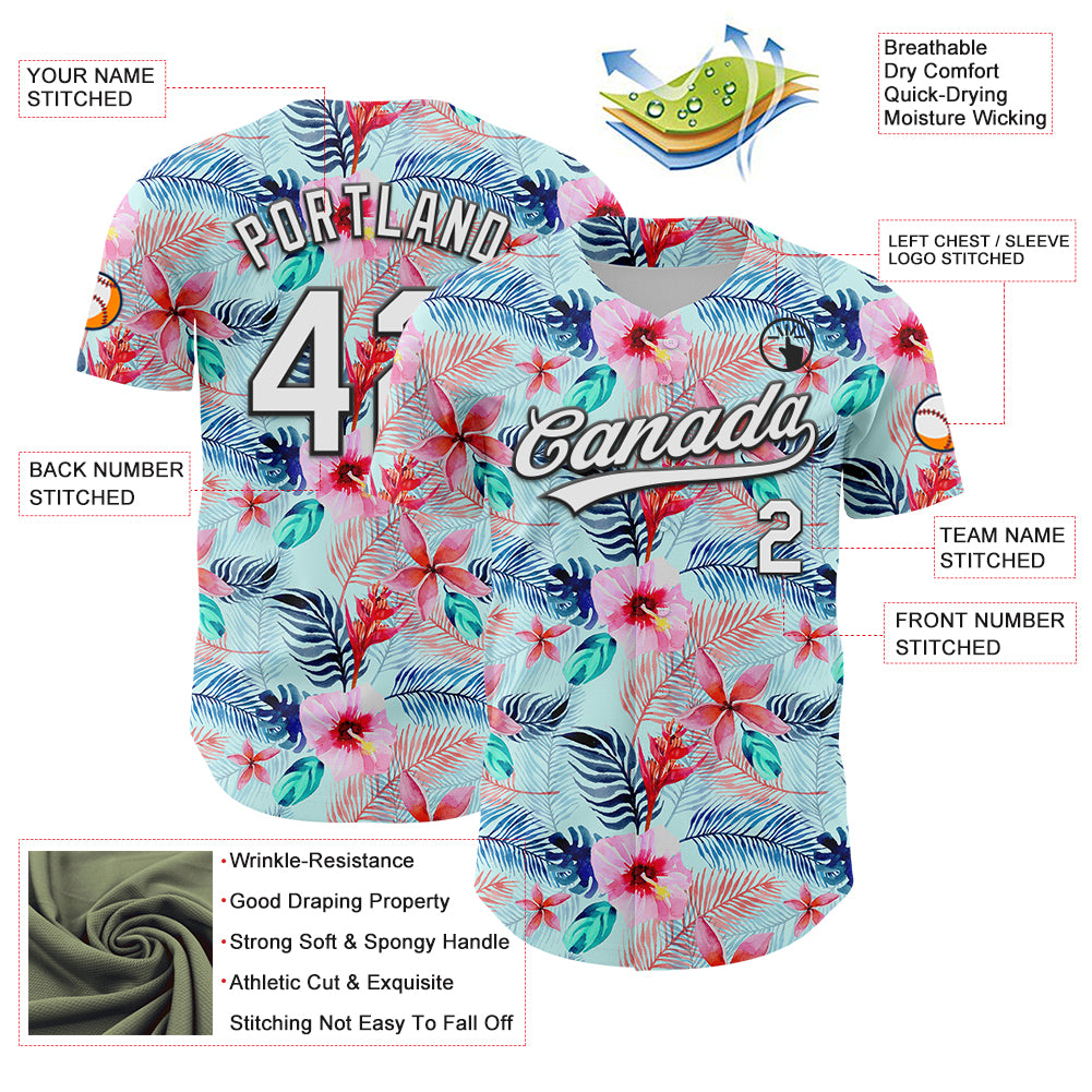Custom Ice Blue White-Black 3D Hawaii Tropical Palm Leaves And Flower Authentic Baseball Jersey
