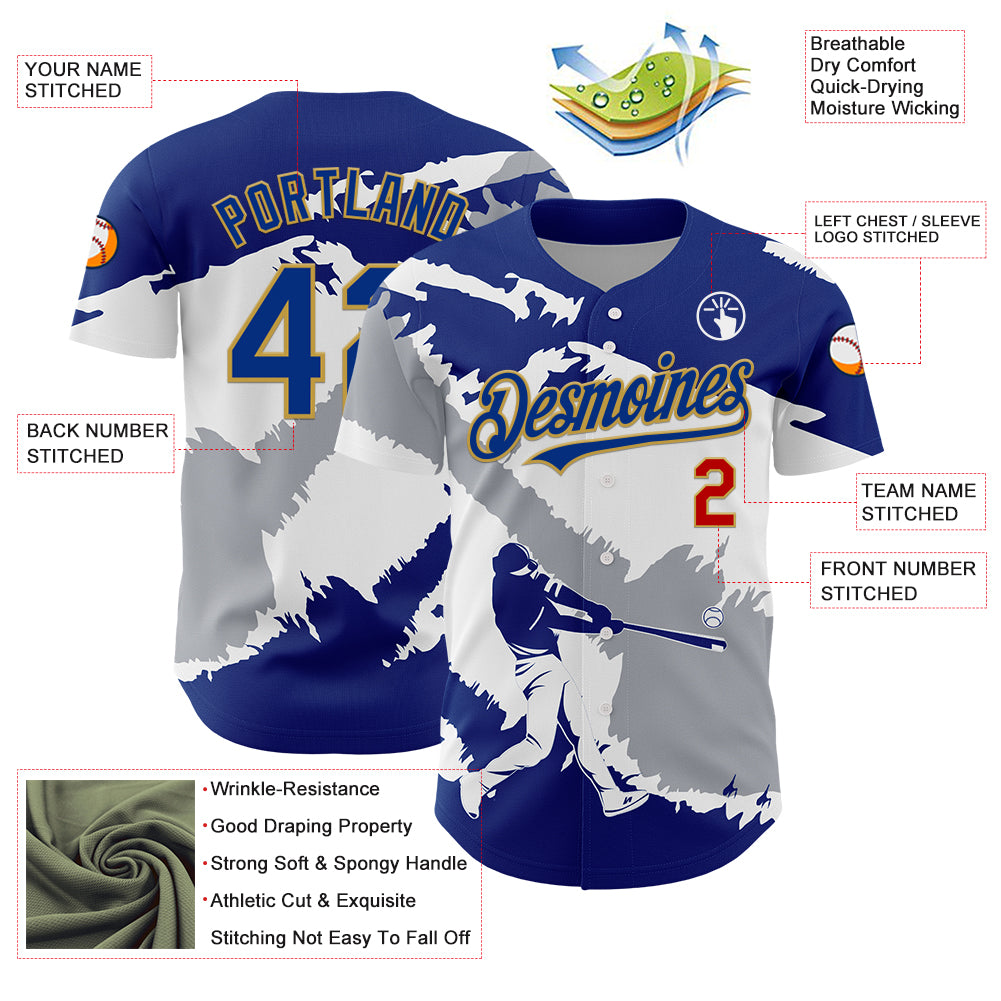 Custom Royal Gray Old Gold-Red 3D El Salvador El Salvadoran Flag Authentic Baseball Jersey