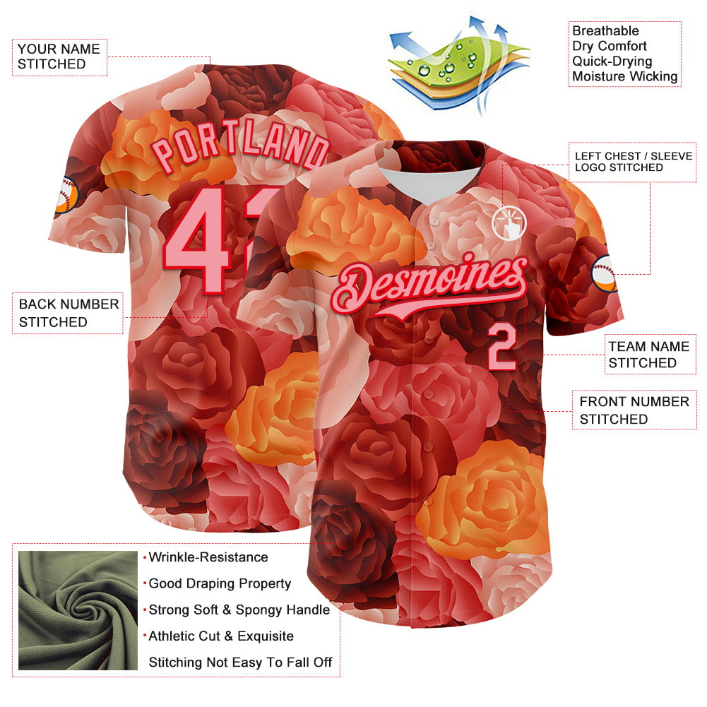 Custom Red Medium Pink-Fire Red 3D Ambartive Rose Pattern Authentic Baseball Jersey