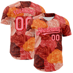 Custom Red Medium Pink-Fire Red 3D Ambartive Rose Pattern Authentic Baseball Jersey