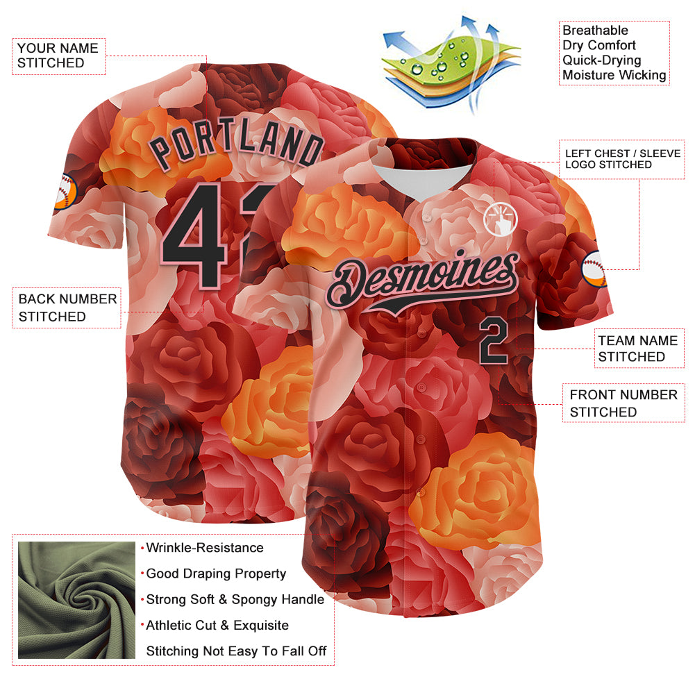 Custom Red Black-Medium Pink 3D Ambartive Rose Pattern Authentic Baseball Jersey
