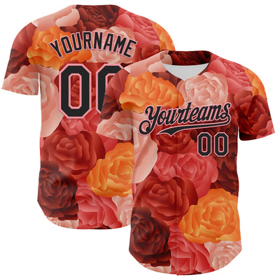 Custom Red Black-Medium Pink 3D Ambartive Rose Pattern Authentic Baseball Jersey