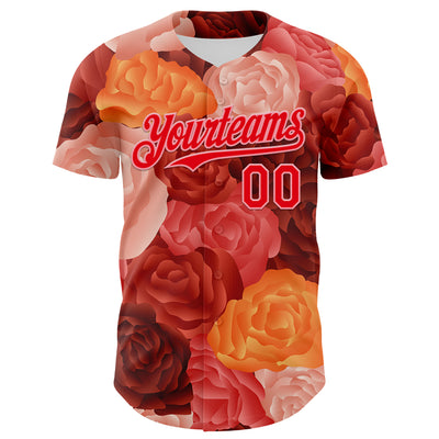 Custom Red Fire Red-Medium Pink 3D Ambartive Rose Pattern Authentic Baseball Jersey
