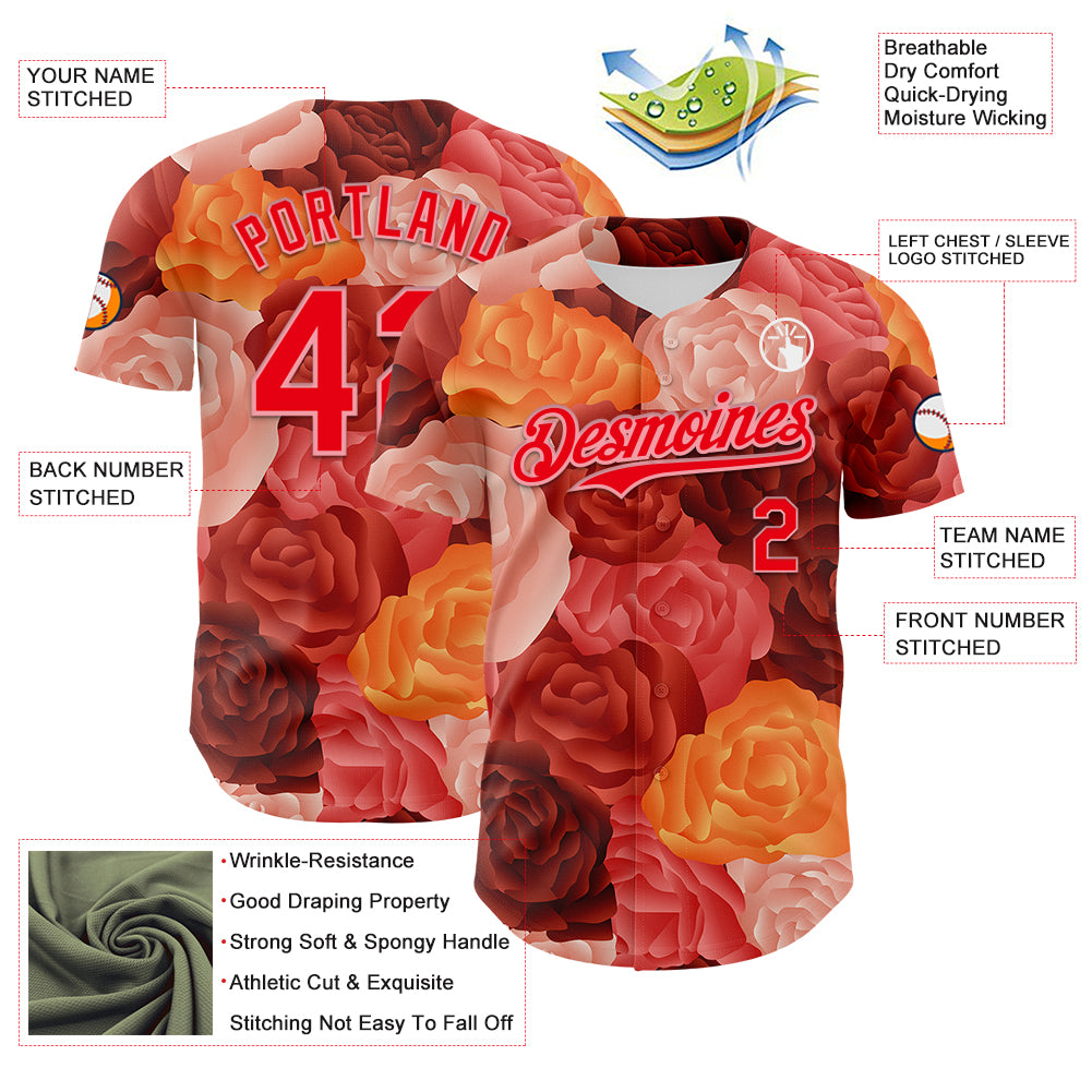 Custom Red Fire Red-Medium Pink 3D Ambartive Rose Pattern Authentic Baseball Jersey