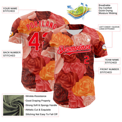 Custom Red Fire Red-Medium Pink 3D Ambartive Rose Pattern Authentic Baseball Jersey