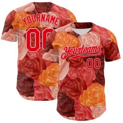 Custom Red Fire Red-Medium Pink 3D Ambartive Rose Pattern Authentic Baseball Jersey