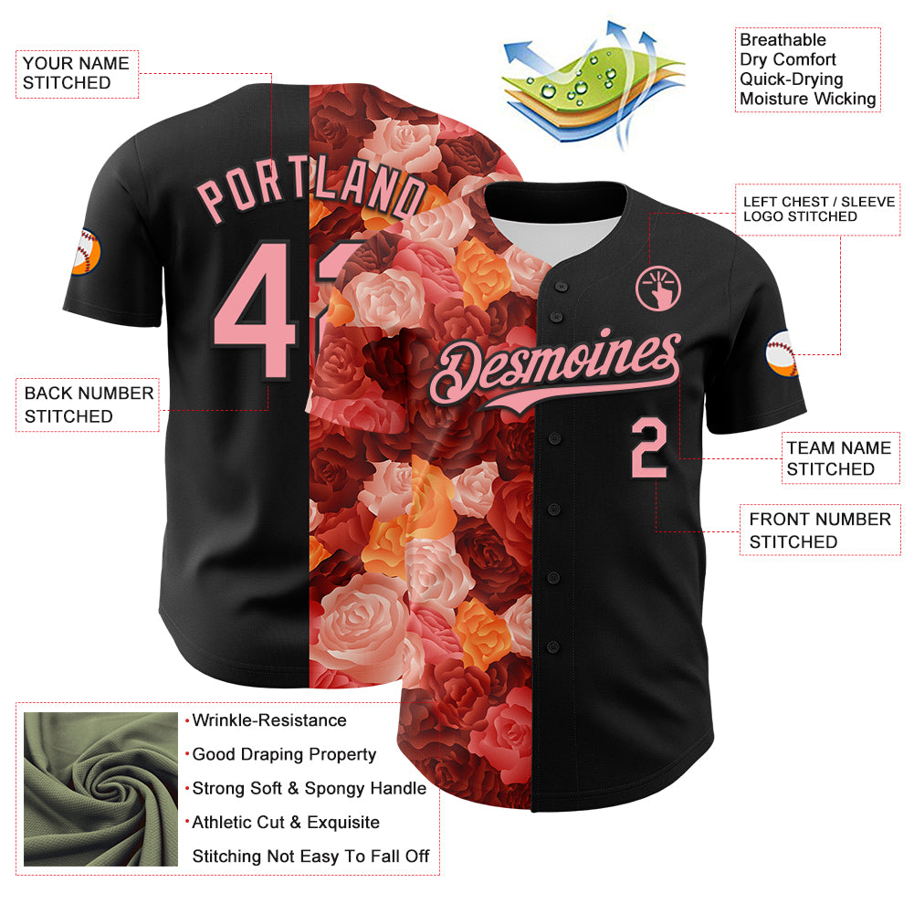 Custom Black Medium Pink 3D Ambartive Rose Pattern Authentic Baseball Jersey