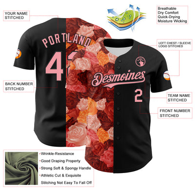 Custom Black Medium Pink 3D Ambartive Rose Pattern Authentic Baseball Jersey