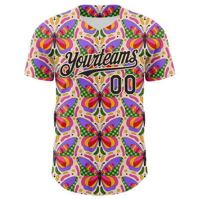Custom Pink Black-Cream 3D Ambartive Butterfly Pattern Authentic Baseball Jersey