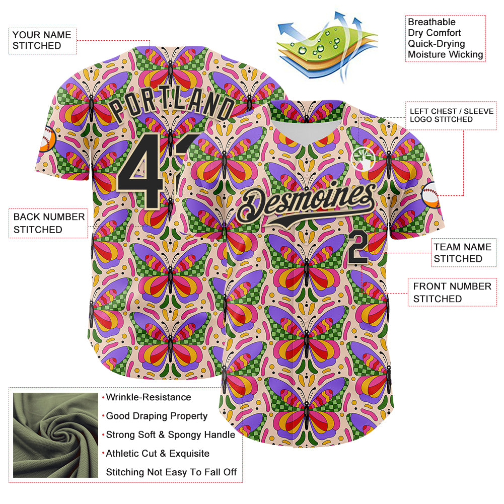 Custom Pink Black-Cream 3D Ambartive Butterfly Pattern Authentic Baseball Jersey