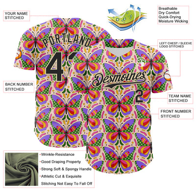 Custom Pink Black-Cream 3D Ambartive Butterfly Pattern Authentic Baseball Jersey