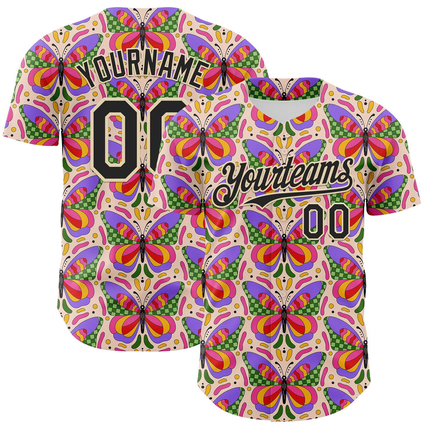Custom Pink Black-Cream 3D Ambartive Butterfly Pattern Authentic Baseball Jersey