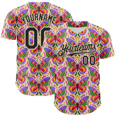 Custom Pink Black-Cream 3D Ambartive Butterfly Pattern Authentic Baseball Jersey