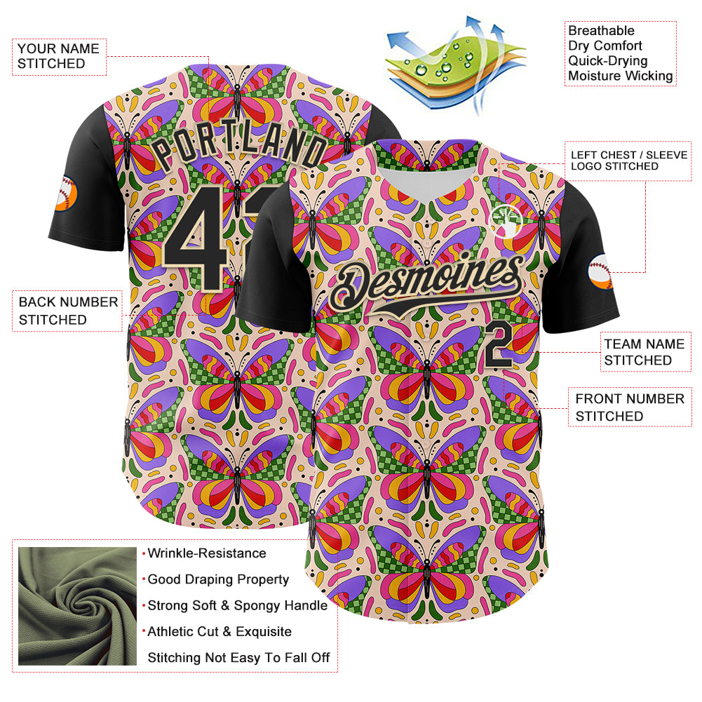 Custom Pink Black-Cream 3D Ambartive Butterfly Pattern Authentic Baseball Jersey