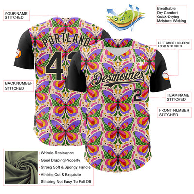 Custom Pink Black-Cream 3D Ambartive Butterfly Pattern Authentic Baseball Jersey