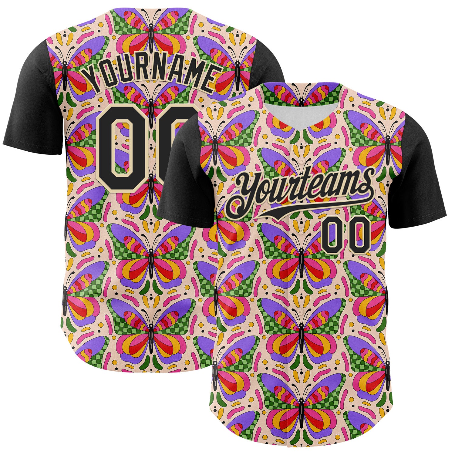 Custom Pink Black-Cream 3D Ambartive Butterfly Pattern Authentic Baseball Jersey