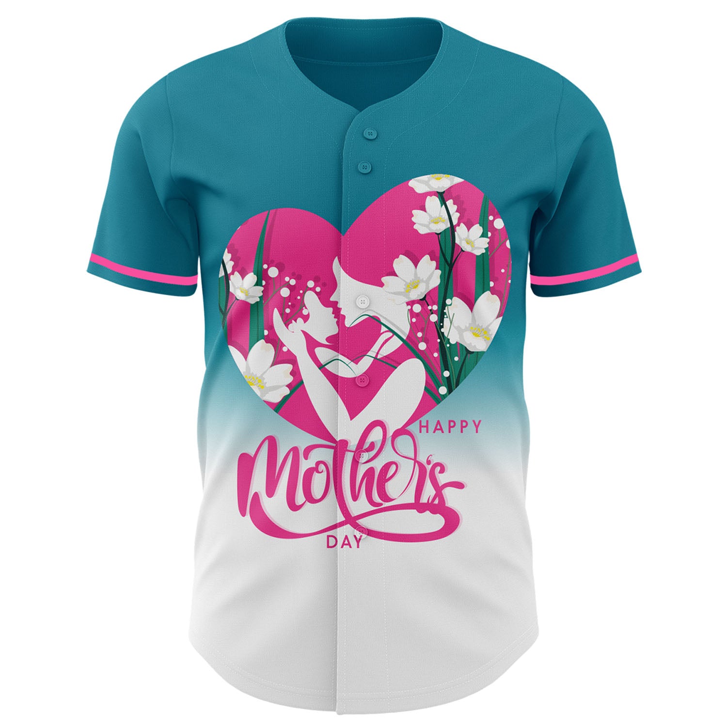 Custom Teal Pink-White 3D Pattern Design Gradient Mother's Day Family Love Authentic Baseball Jersey