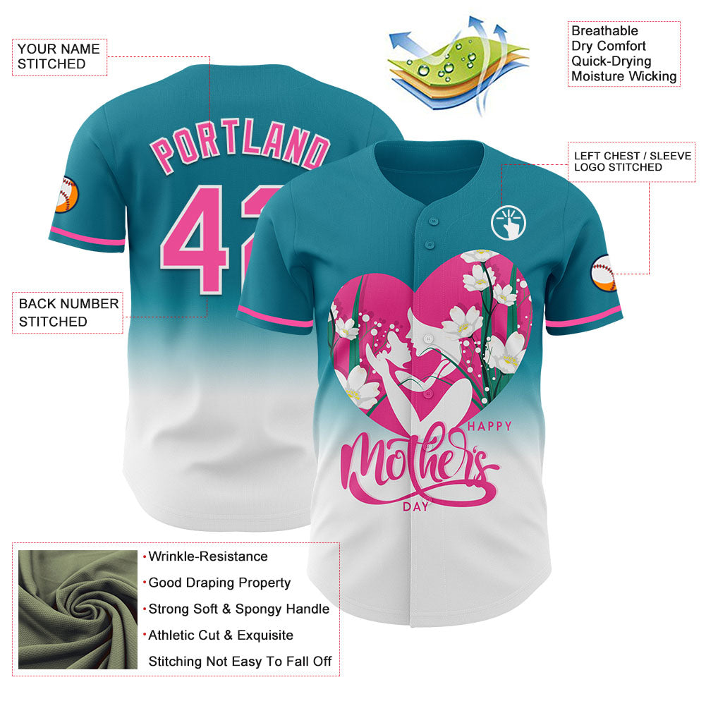 Custom Teal Pink-White 3D Pattern Design Gradient Mother's Day Family Love Authentic Baseball Jersey