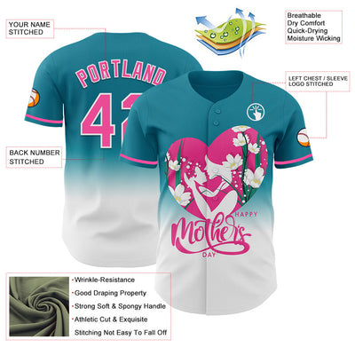 Custom Teal Pink-White 3D Pattern Design Gradient Mother's Day Family Love Authentic Baseball Jersey