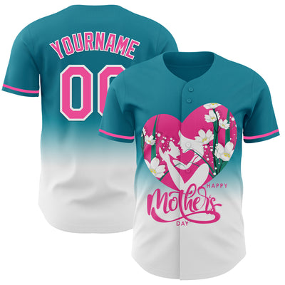 Custom Teal Pink-White 3D Pattern Design Gradient Mother's Day Family Love Authentic Baseball Jersey