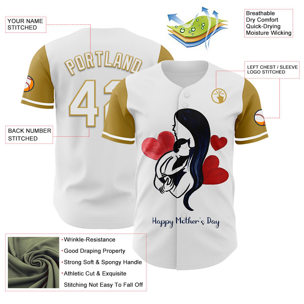 Custom White Old Gold 3D Pattern Design Mother's Day Family Love Authentic Baseball Jersey