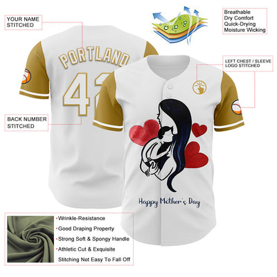 Custom White Old Gold 3D Pattern Design Mother's Day Family Love Authentic Baseball Jersey