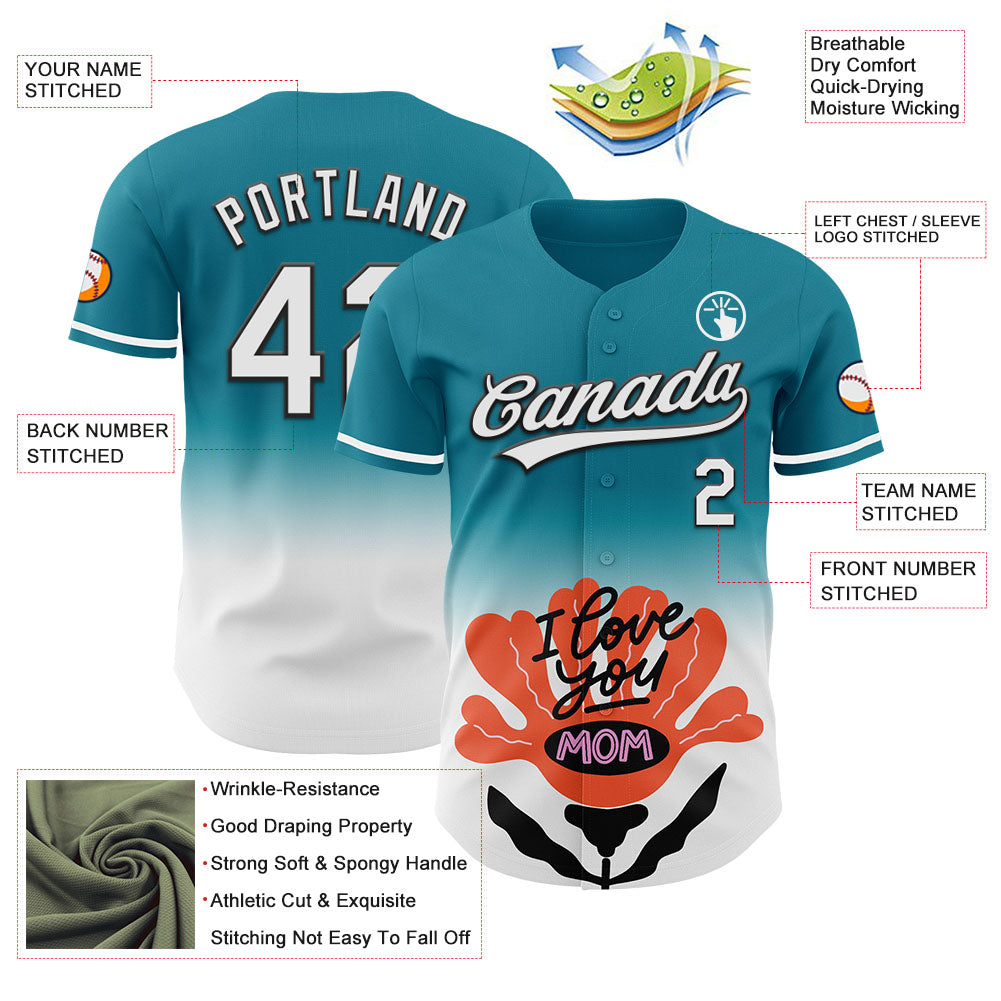 Custom Teal White-Black 3D Pattern Design Gradient Mother's Day Flower Authentic Baseball Jersey