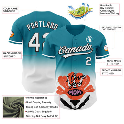 Custom Teal White-Black 3D Pattern Design Gradient Mother's Day Flower Authentic Baseball Jersey