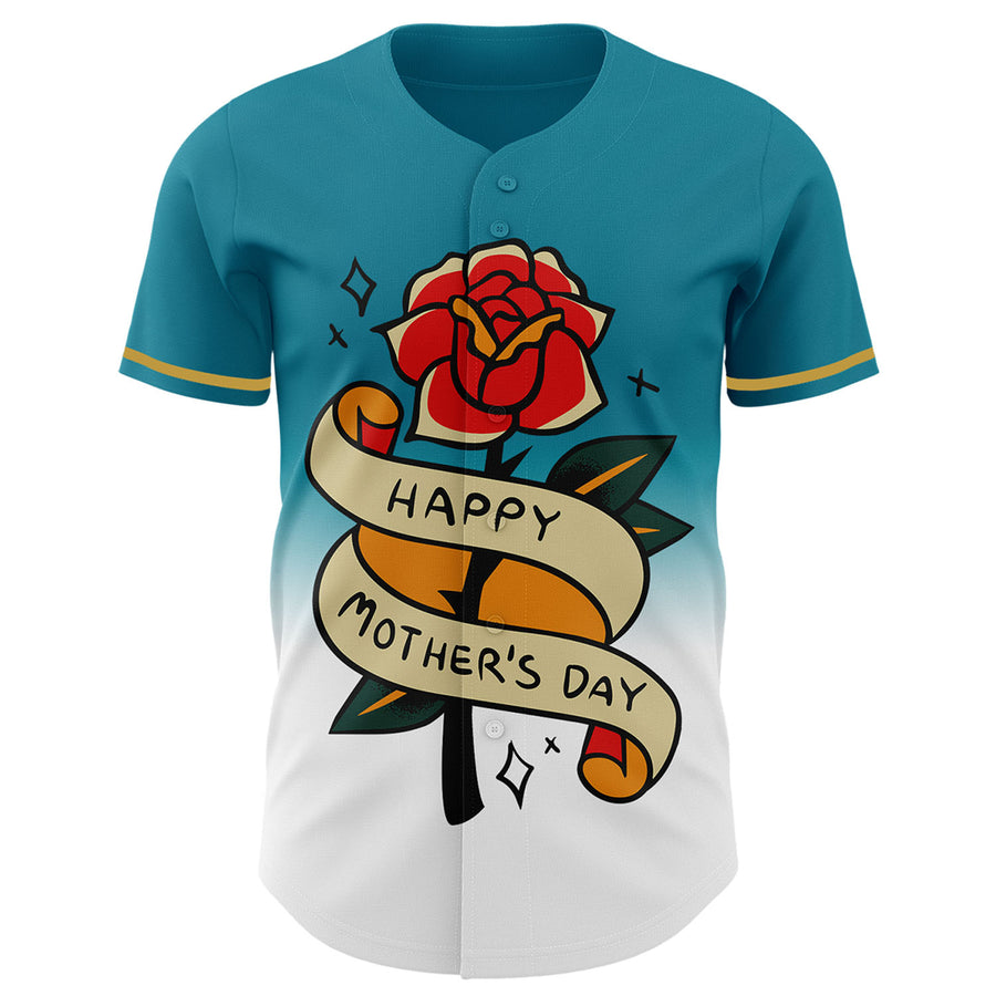 Custom Teal Old Gold-Black 3D Pattern Design Gradient Mother's Day Flower Authentic Baseball Jersey
