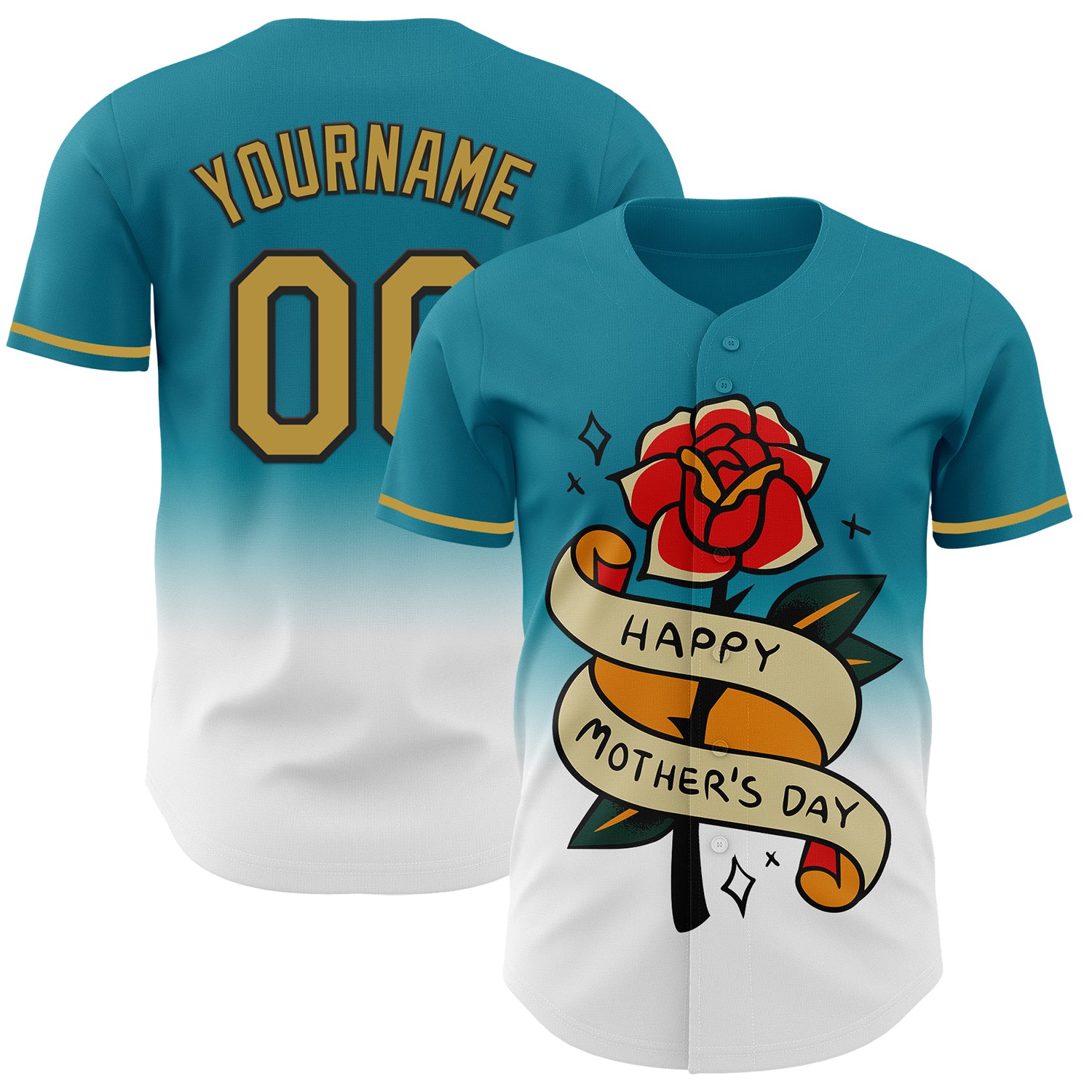 Custom Teal Old Gold-Black 3D Pattern Design Gradient Mother's Day Flower Authentic Baseball Jersey