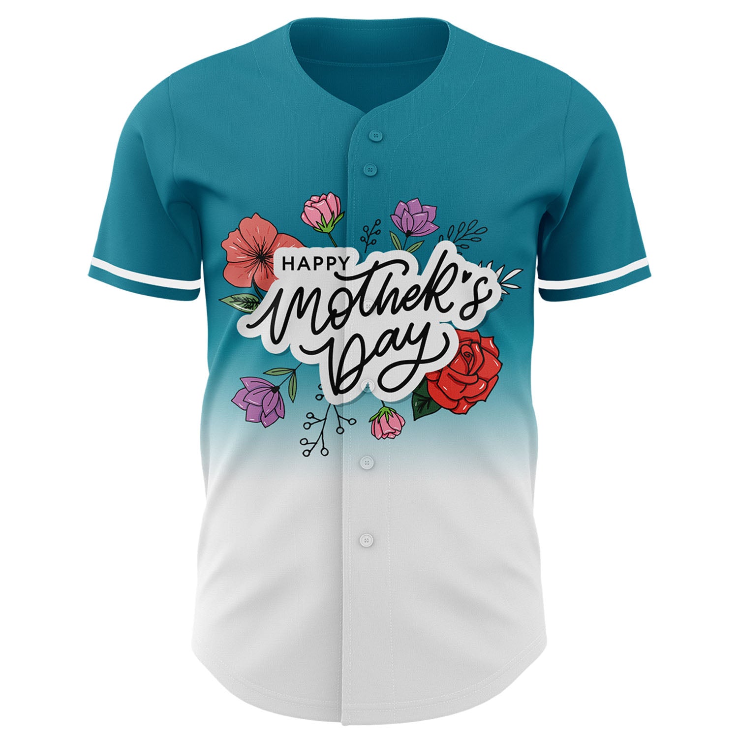 Custom Teal White-Black 3D Pattern Design Gradient Mother's Day Flower Authentic Baseball Jersey