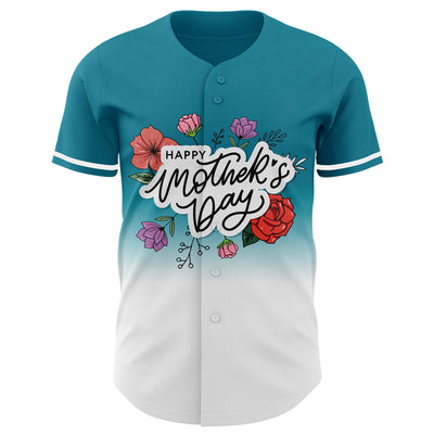 Custom Teal White-Black 3D Pattern Design Gradient Mother's Day Flower Authentic Baseball Jersey