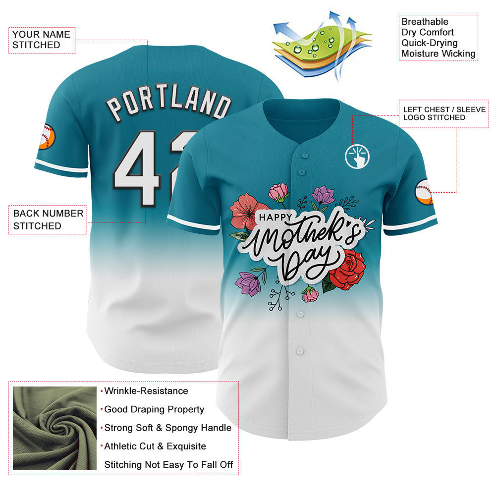 Custom Teal White-Black 3D Pattern Design Gradient Mother's Day Flower Authentic Baseball Jersey