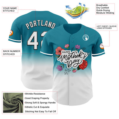 Custom Teal White-Black 3D Pattern Design Gradient Mother's Day Flower Authentic Baseball Jersey