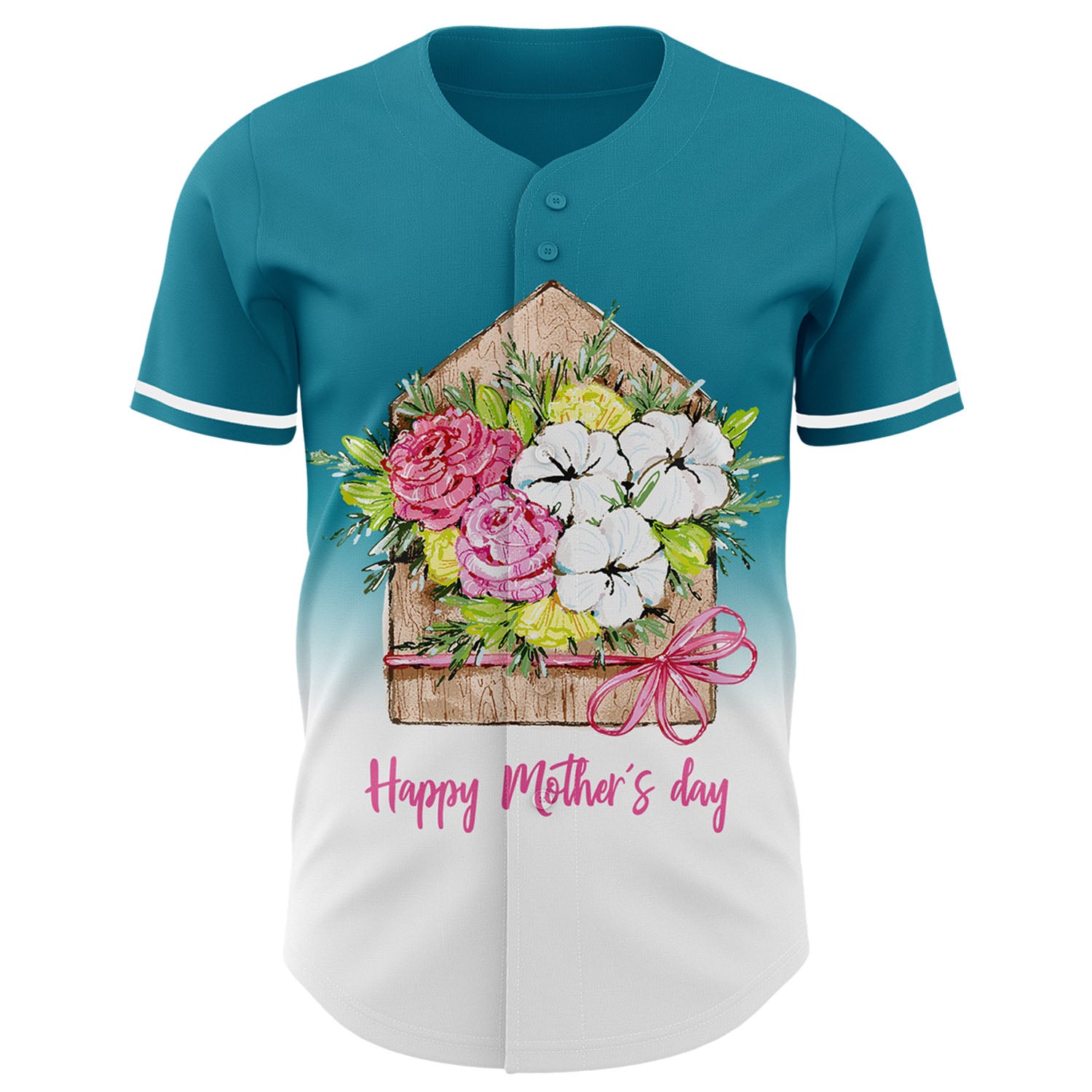 Custom Teal White-Black 3D Pattern Design Gradient Mother's Day Flower Authentic Baseball Jersey