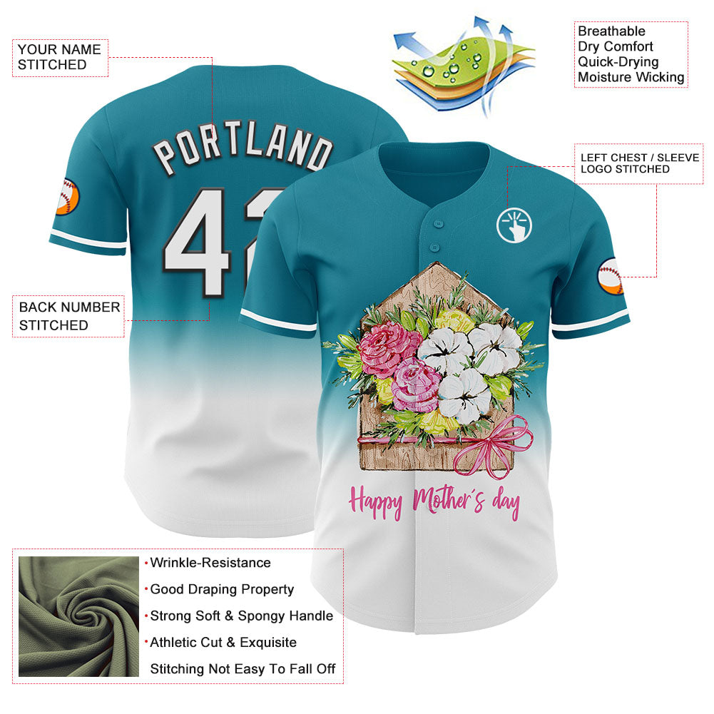 Custom Teal White-Black 3D Pattern Design Gradient Mother's Day Flower Authentic Baseball Jersey