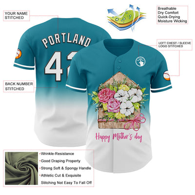 Custom Teal White-Black 3D Pattern Design Gradient Mother's Day Flower Authentic Baseball Jersey