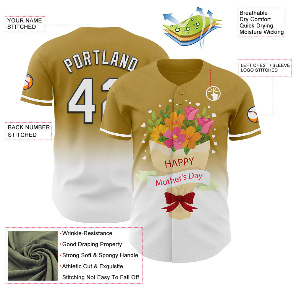 Custom Old Gold White-Black 3D Pattern Design Gradient Mother's Day Flower Authentic Baseball Jersey