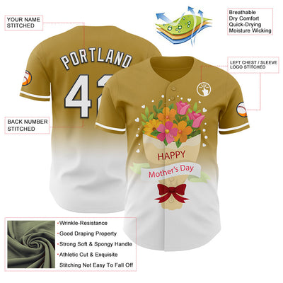 Custom Old Gold White-Black 3D Pattern Design Gradient Mother's Day Flower Authentic Baseball Jersey