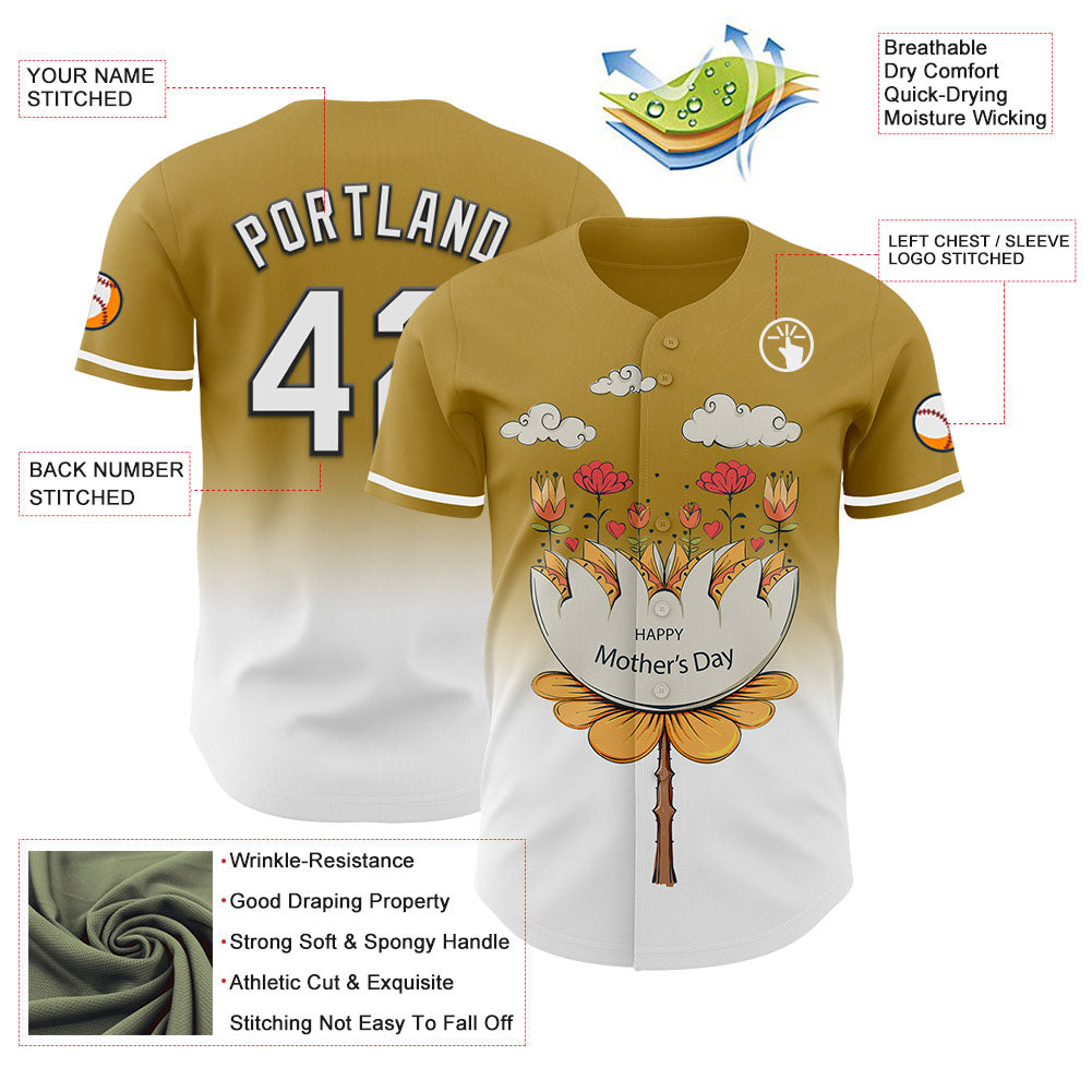 Custom Old Gold White-Black 3D Pattern Design Gradient Mother's Day Flower Authentic Baseball Jersey